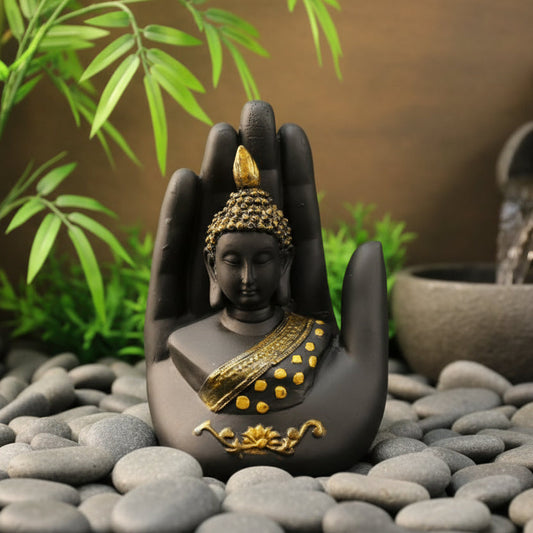 Black-Golden Handcrafted Meditating Palm Buddha Idol